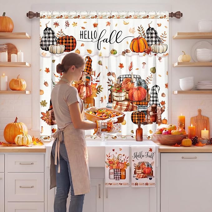 13 Pcs Fall Thanksgiving Kitchen Set with Pumpkin Towels Nonslip Mats Curtains Fall Valance Pot Holders Oven Mitts for Home Cooking Grilling Gift Harvest Autumn Home Decor