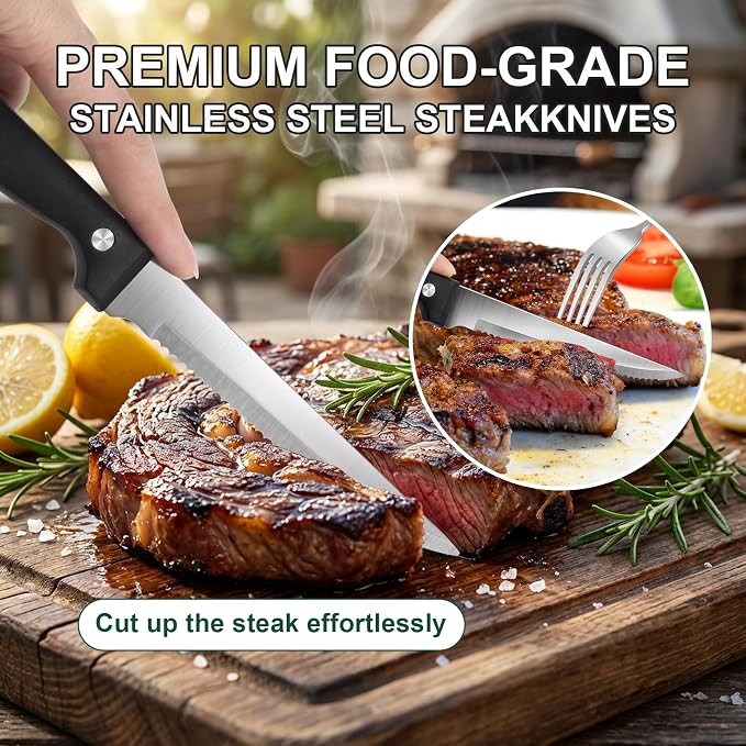 24-Piece Silver Silverware Set with Steak Knives Black Stainless Steel Flatware Set for 4 Food Grade Tableware Cutlery Set Rust-proof, Mirror Polished, Dishwasher Safe