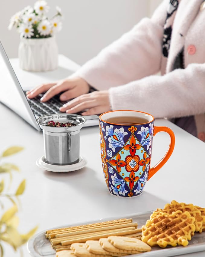 vancasso Ceramic Tea Mug with Infuser and Lid, 18 Ounce Bohemian Loose Leaf Cup, Microwave & Dishwasher Safe, Perfect for Tea, Coffee, Navy-Burnt Baroque
