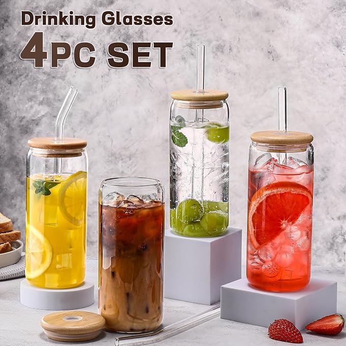 DWTS DANWEITESI Glass Cups “20oz”,Glass Cups with Lids and Straws 4 pcs-Coffee Cups,Drinking Glasses Set,Glass Tumbler with Straw and Lid Gift 2 Cleaning Brushes 600ml