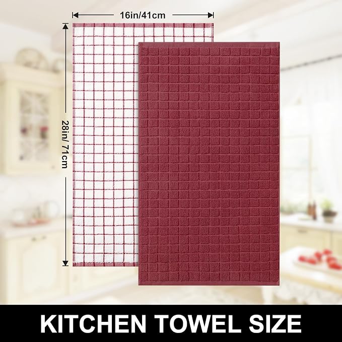 Homaxy Large Premium Cotton Kitchen Towels 16"x 28", 12 Pack, Red | Natural Ring Spun 390 GSM Dish Towels, Super Absorbent Terry Kitchen Hand Towels, Soft Tea Towels with Hanging Loop