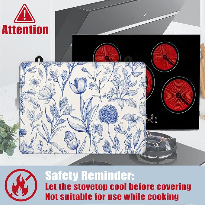 Retro Blue Floral Glass Top Stove Cover Protector,Spring Flower Stove Top Covers for Electric Stove,Washable Heat Resistant Cooktop Mat Anti-Slip Range Covers, 28 x 20 Inch