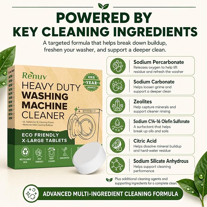 Renuv® Heavy Duty Washing Machine Cleaner & Descaler, 12 XL Tablets | Deep Cleaning Tablets Remove Residue, Grime Buildup, Front Load or Top Load Washer, HE and Septic Safe, 1 Year Supply