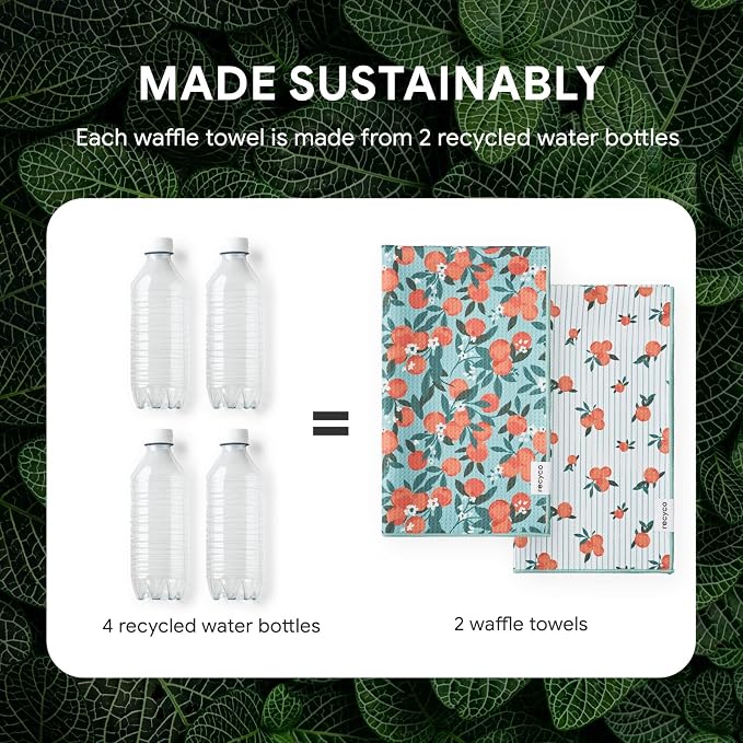 RECYCO Waffle Kitchen Towel Set of 2 - Quick Dry Microfiber Sustainable Dish Towels - Ultra Absorbent Reusable Cleaning Tea Towels - Lightweight Hand Towels,16”x 28”, Clementine Grove