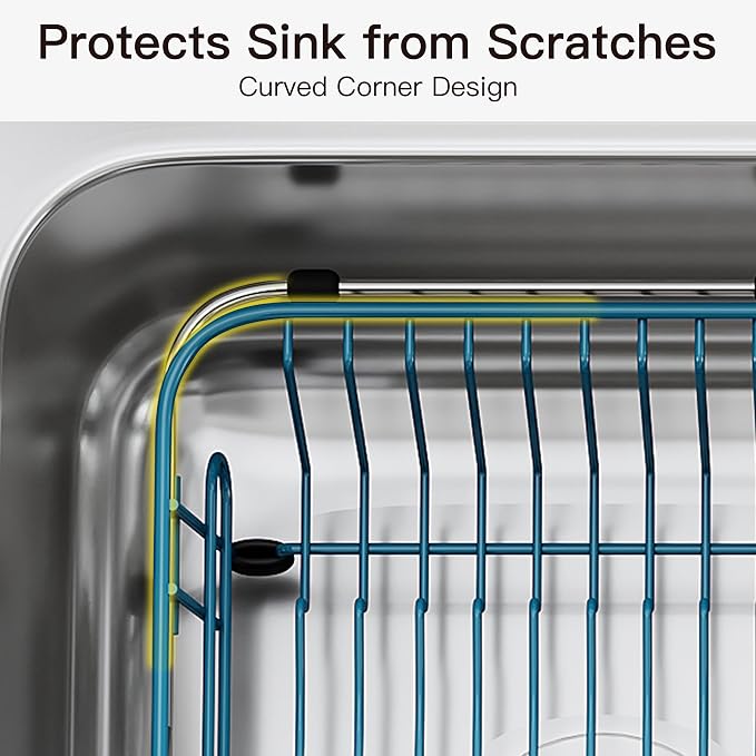 JASIWAY Blue Dish Drying Rack in Sink with Utensil Holder, RV, Apartment | Over Sink Expandable Stainless Steel Dish Drainers for Compact Kitchen, Space Saving, Fast Drain, Rustproof, For 1-2 people