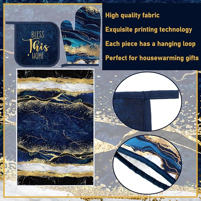 Leinuosen 8 Pcs Navy Blue and Gold Marble Kitchen Towels and Dishcloths Sets Oven Mitts and Pot Holders Absorbent Kitchen Gloves Potholders Heat Resistant for Chef Baking Cooking