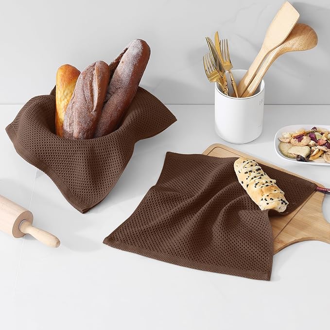 Kitinjoy 100% Cotton Waffle 6-Pack Kitchen Towels, 12" x 12", Coffee | Ultra Absorbent, Super Soft, lightweight, Quick Drying Dish Rags for Washing Dishes