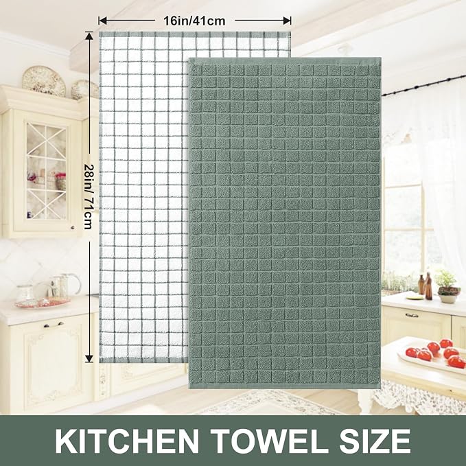Homaxy Large Premium Cotton Kitchen Towels 16"x 28", 4 Pack, Sage Green | Natural Ring Spun 390 GSM Dish Towels, Super Absorbent Terry Kitchen Hand Towels, Soft Tea Towels with Hanging Loop