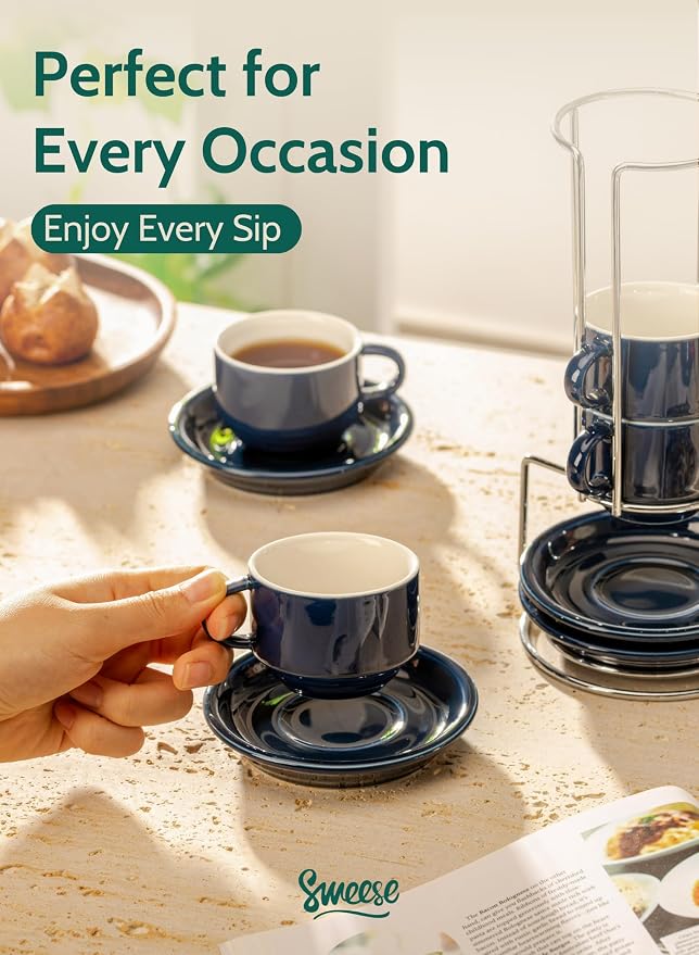 Sweese 2.5 Ounce Porcelain Stackable Espresso Cups with Saucers and Metal Stand Set of 4, Navy