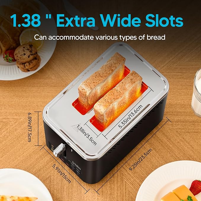 Trisiko® Touch Screen Toaster 2 Slice, 900W Digital Toaster with Countdown Timer, 1.38 in Wide Slots, 6 Browning Levels, Bagel, Defrost, Reheat, Cancel, Crumb Tray, Cord Wrap-Black