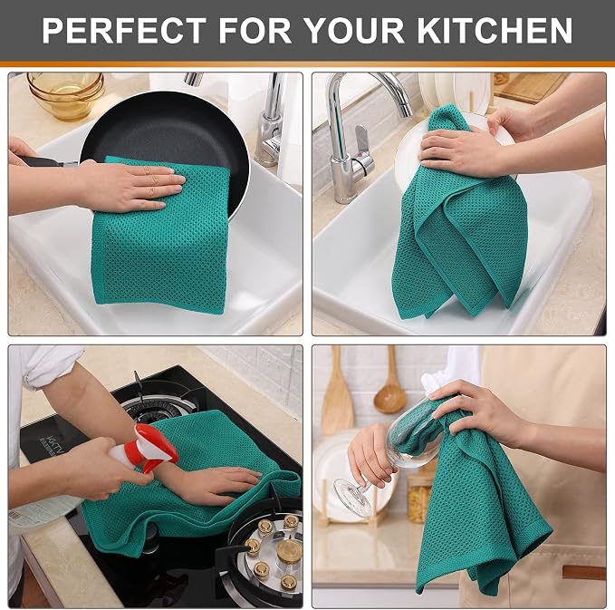 Kitinjoy 100% Cotton Waffle 4-Pack Kitchen Towels, 13" x 28", Teal | Super Soft, Ultra-Absorbent, Fast Drying, lightweight, Quick Drying Kitchen Hand Towels