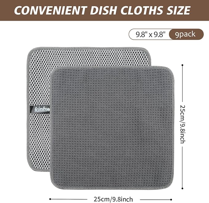 Dish Cloths for Washing Dishes with Scrub Side, Microfiber Dish Rags | Dual-sided microfiber dish cloths with scrubber for stuck-on food, quick dry kitchen washcloths 9 Pack, 9" x 9 Inch Gray-B