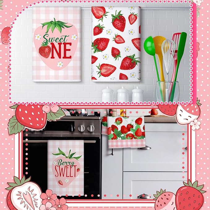 4 Pcs Strawberry Kitchen Towels Summer Berry Hand Dish Towels Absorbent White Pink Grid Tea Towel Fast Drying Housewarming Gift for Kitchen Bathroom Holiday Summer Strawberry Party Decor
