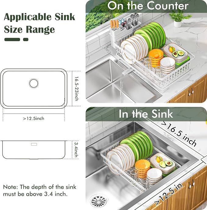 Kmiectse Dish Drying Rack for Small Kitchen Counter with Utensil Holder | Space Saving, Rust Resistant, Quick Drainage Dish Rack, Compact Dish Drainer Organizer for Home Kitchen, White