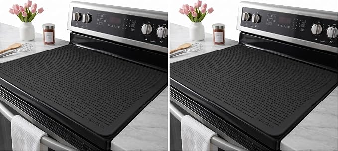 YUHFERA Stove Top Cover for Electric Stove - Silicone Stove Mat for Glass Top, Glass Cooktop Protector for Kitchen,Multi-Functional Oven Covers for Electric Stove (Black,28 x 20) (Pack of 2)