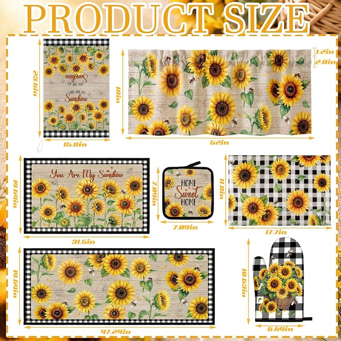 Fourluoo 16 Pcs Sunflower Kitchen Decor Set, Kitchen Towels, Sunflower Dishcloths, Black White Plaid Non Slip Rugs Mats, Oven Mitts, Pot Holders Placemats and Curtains Set for Home Summer Decoration