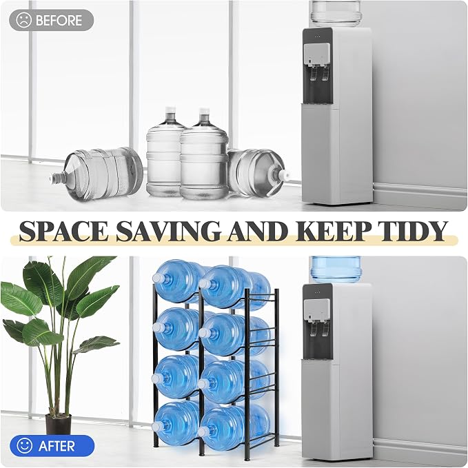 Klvied 5 Gal Heavy Duty Jug Rack, 8 Slot Double Row | Steel frame, built-in lifter, holds 8 bottles, for kitchen office gym garage