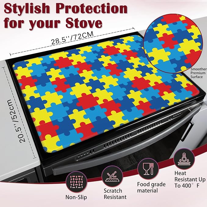 Electric Stove Top Cover Protector,Autism Awareness Puzzle Glass Flat Top Stove Mat,Heat-Resistant Oven Induction Cooktop Mat for Ceramic Countertop Mats Dish Drying Mat