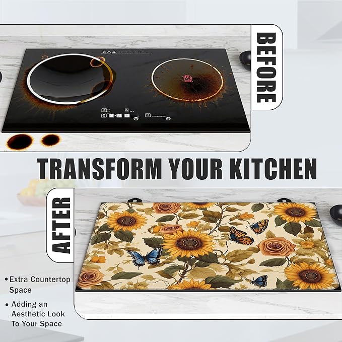 Vintage Sunflower Stove Top Covers for Electric Stove,Rustic Rose Butterfly Glass Top Stove Cover, Heat Resistant Range Covers for Electric Stove,Washable Countertop Mat, 28 x 20 Inch
