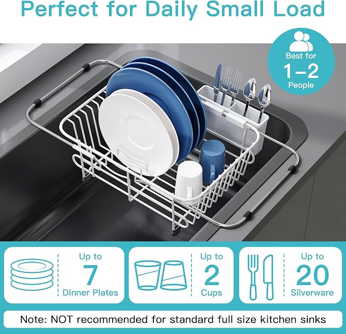 JASIWAY White Dish Drying Rack in Sink with Utensil Holder, RV, Apartment | Over Sink Expandable Stainless Steel Dish Drainers for Compact Kitchen, Space Saving, Fast Drain, Rustproof, For 1-2 people
