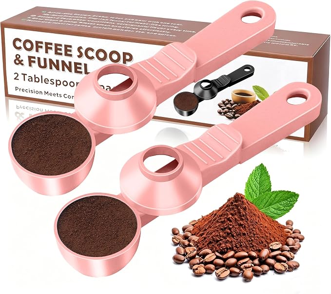 2-in-1 Coffee Scoop with Funnel, 2 Tbsp Measuring Spoon for Reusable K Cups, Ground Coffee, Protein Powder & Tea, Mess-Free Plastic Design（Pink-2pack）