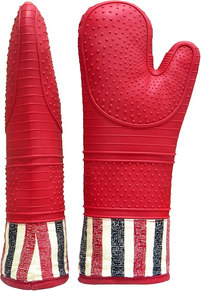 Heat Resistant 550 Degree Oven mitt, Silicone Oven Hot Mitts - 1 Pair | Extra Long Professional Baking Oven Gloves - Food Safe,Pot Holders Cooking,Grilling,Kitchen (Red Mittens)