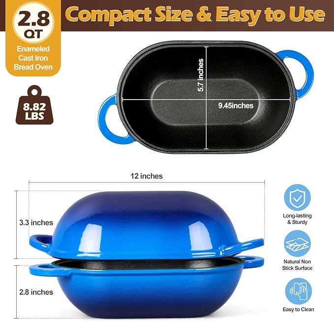 Homikit Enameled Cast Iron Dutch Oven for Bread Baking, 2.8 QT Oval Bread Oven Pot with Lid, 9.5 x 5.7 Inch Sourdough Loaf Baking Pan for Homemade Bread, Heavy Duty & Oven Safe, Blue