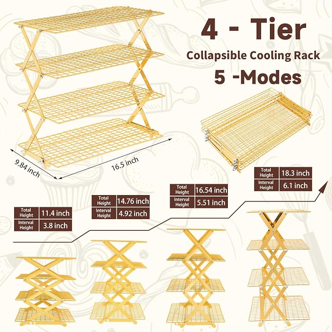 Pleafind 4 Tier Gold Collapsible Cooling Rack - 3 Setting Design, Adjustable ＆ Stackable Baking Rack, 5 Modes Cooling Racks for Cooking and Baking, Roasting ＆ Grilling Gifts for Picnic Party