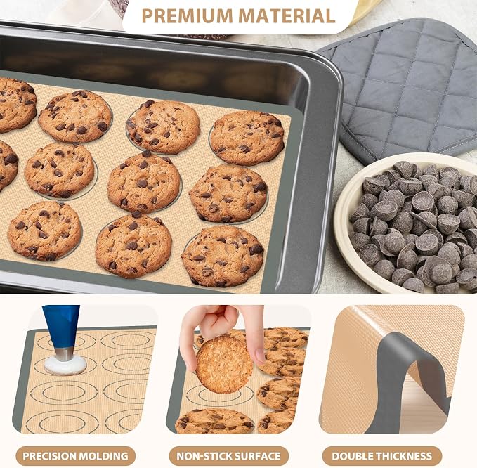 Silicone Baking Mat Set of 4, Nonstick Reusable Macaron Silicone Baking Mat & Round Pizza Mat, Cookie Baking Supplies for Macaroons, Pastry, Pizza, Gray