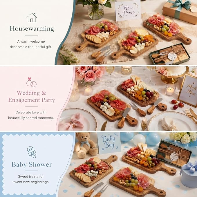 8 Sets Bridal Shower Favor Prizes Charcuterie Board,Acacia Color | Acacia Wood Cheese Board with Knife Fork Thank You Tag, Gift Box for Guests, Valentines Wedding Baby Shower Party Favors