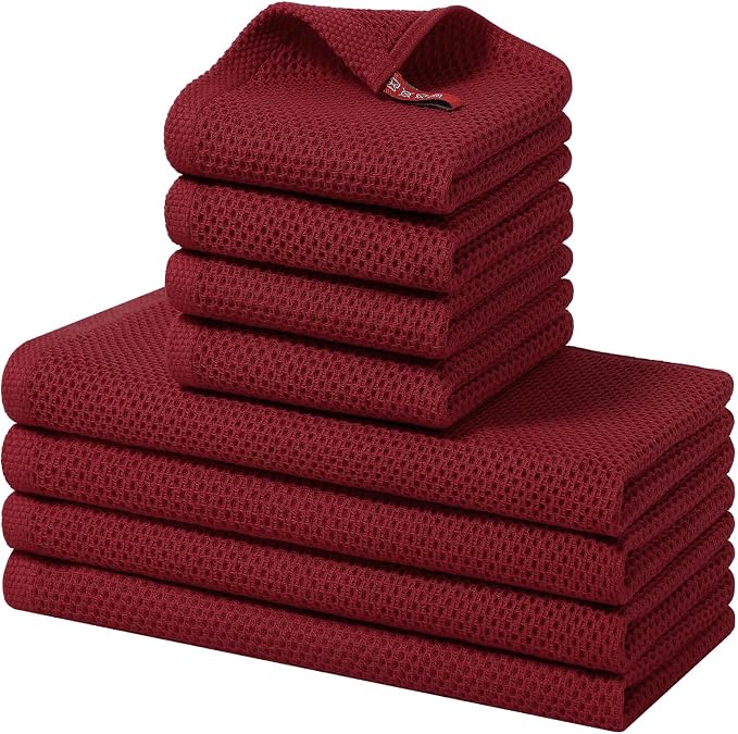 Homaxy 8 Pack 100% Cotton Kitchen Towels and Dishcloths Set, Burgundy | 12 x 12 Inches and 13 x 28 Inches Kitchen Towels Set, Ultra Soft Absorbent Dish Cloths for Washing Dishes