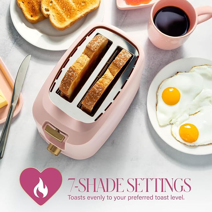 Paris Hilton 2-Slice Toaster, Extra-Wide Slots, 7 Browning Settings, Bagel & Defrost Functions, Removable Crumb Tray, Pink