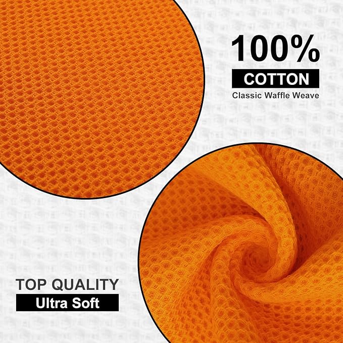 Kitinjoy 100% Cotton Waffle 6-Pack Kitchen Towels, 12" x 12", Orange | Ultra Absorbent, Super Soft, lightweight, Quick Drying Dish Rags for Washing Dishes