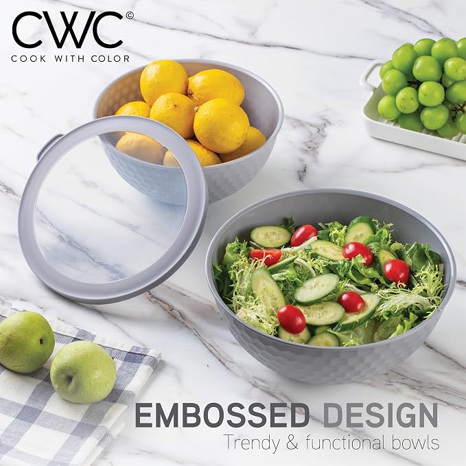 COOK WITH COLOR Mixing Bowls with Lids - 12 Piece Plastic Nesting Bowls Set includes 6 Prep Bowls and 6 Lids, Microwave Safe Mixing Bowl Set, Grey Embossed