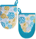 Ribbed Mini Oven Mitts 2-Pack Set, 5.5"x8.5", Teal Mandala Printed, Heavy Duty Cotton, Non-Slip Heat Resistant Soft Silicone Oven Mitts with Hanging Loop for Cooking Kitchen Decor