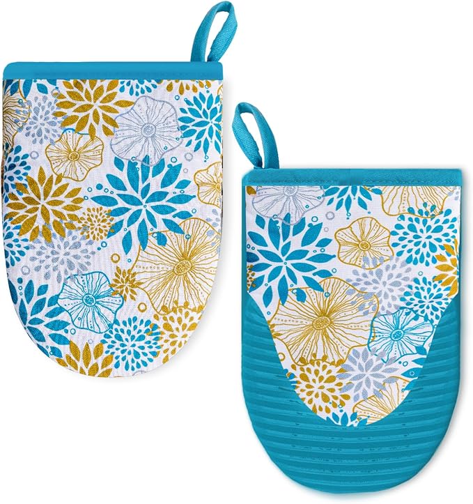 Ribbed Mini Oven Mitts 2-Pack Set, 5.5"x8.5", Teal Mandala Printed, Heavy Duty Cotton, Non-Slip Heat Resistant Soft Silicone Oven Mitts with Hanging Loop for Cooking Kitchen Decor