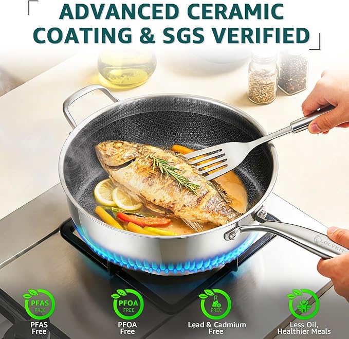12 Inch Nonstick Deep Skillet with Lid, Fry Basket & Tongs | 5.5-Quart | Hybrid Sauté Pan with Lid | Tri-Ply Stainless Steel Large Frying Pan with Steam Insert, Works on All Cooktops