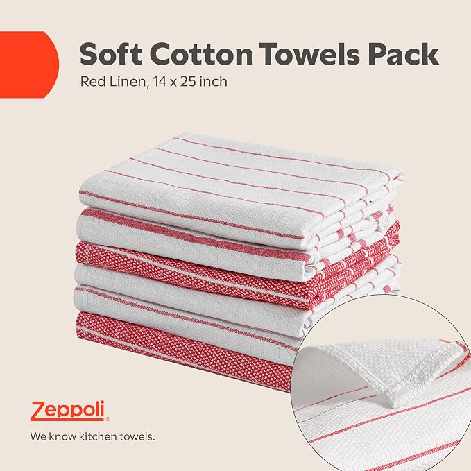 Zeppoli Classic Kitchen Towels - 6 Pack 100% Natural Cotton Towel Set, Reusable Wash Cloths, Absorbent Dish Towels, Machine Washable Hand Towels, Kitchen Essentials, 20� x 28� - Red VAR