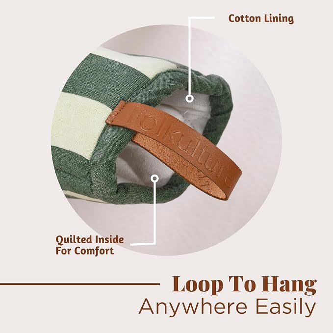 Folkulture Oven Mitts, Matcha Green, Set of 2, Heat Resistant - (5.75"x9") | 100% Cotton, Non Slip, Silicone, Cute Striped Mini Mits with Hanging Loop, Kitchen Décor, Cooking Gifts, New Home Essentials