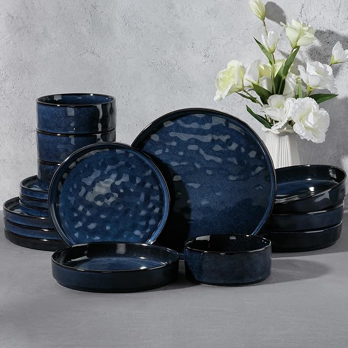 E-far Stoneware Dinnerware Set, 16-Piece Plates and Bowls Sets for 4 | Modern Dishes for Kitchen Dining, Reactive Glazing Ripple Design, Chip Resistant, Microwave & Dishwasher Safe, Starry Blue