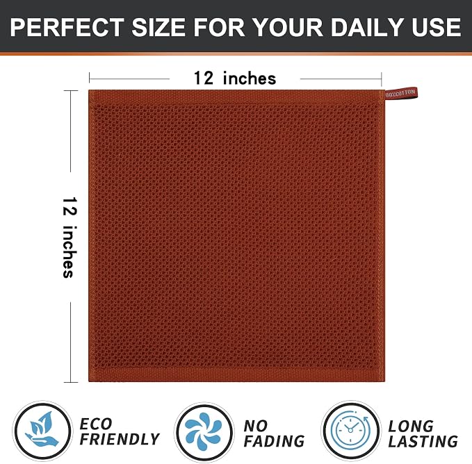 Kitinjoy 100% Cotton Waffle 6-Pack Kitchen Towels, 12" x 12", Rust | Ultra Absorbent, Super Soft, lightweight, Quick Drying Dish Rags for Washing Dishes