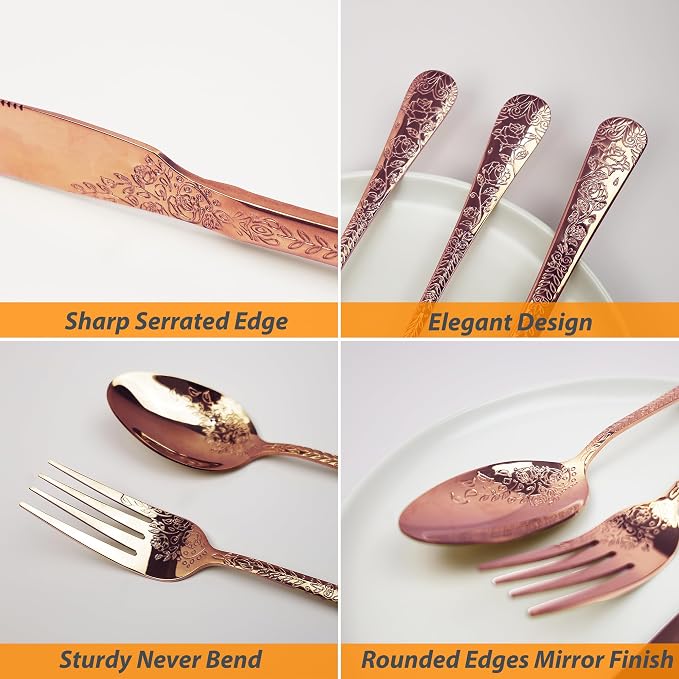 Runfly Modern Carved Floral Rose Gold Stainless Steel 20-Piece Flatware Set | Silverware Set, Vintage Utensil Set, Cutlery Set for Home and Kitchen, with Knife/Fork/Spoon
