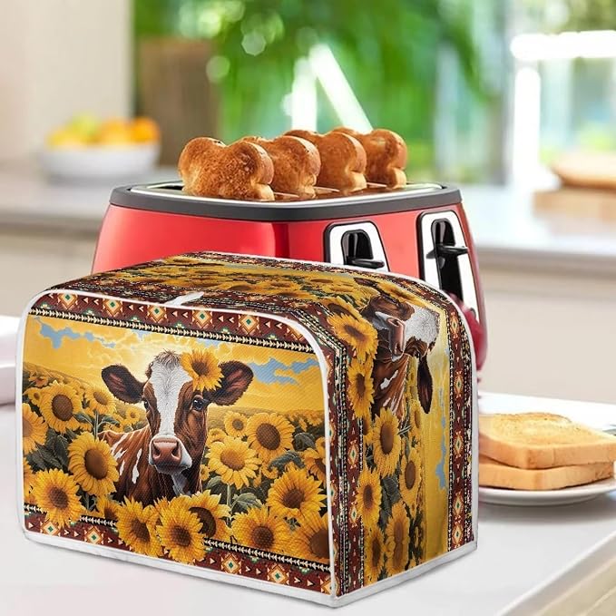 Sunflower Cow Print Toaster Cover for Home Office, Cute 2 Slice Wide Slot Toaster Appliance Cover, Dirtproof Bread Toaster Cover Bakeware Protector, BAX-P58-084