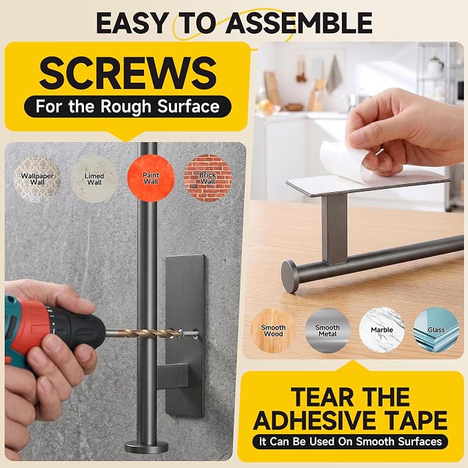 Paper Towel Holder Wall Mount,No Drill,SUS304 Steel, Space Saving | Maximize countertop space with secure roll storage. Fits kitchens, bathrooms, RVs and pantries with flexible mounting options