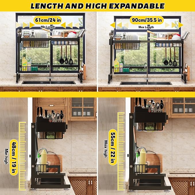ilvvan Over Sink Dish Drying Rack (Expandable Height/Length) Snap-On Design Large Dish Drainer Storage Counter Organizer 24" - 35.5"(L) x 12"(W) x 19" - 22"(H)