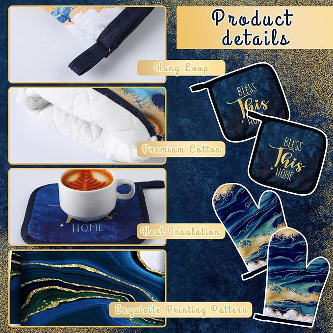 Bencailor 6 Pcs Blue Kitchen Decor Kitchen Towels, Oven Mitts and Potholder | Blue Marble Kitchen Decor and Accessories, 2 Kitchen Mitts Set, 2 Pot Holder and Towels for Baking Cooking Cleaning Supply