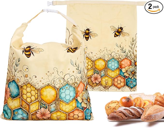 Beeswax Bread Bags for Homemade Sourdough 2 Pack Large Bees Wax Bread Bag | Reusable, Natural, Cotton, Bees Wax Lined Bread Bag,Food Storage Bags to Keep Fresh