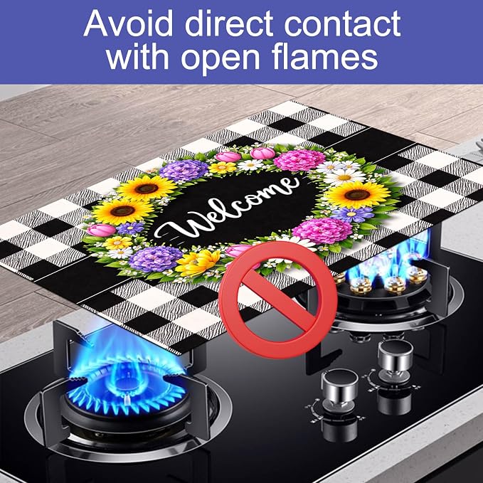HOMETITUTE Spring Stove Top Covers for Electric Stove 28x20 Inches Welcome Floral Ring Buffalo Plaid Glass Cooktop Protector Pad Decorative Stovetop Cover Dish Drying Mats for Kitchen Decor