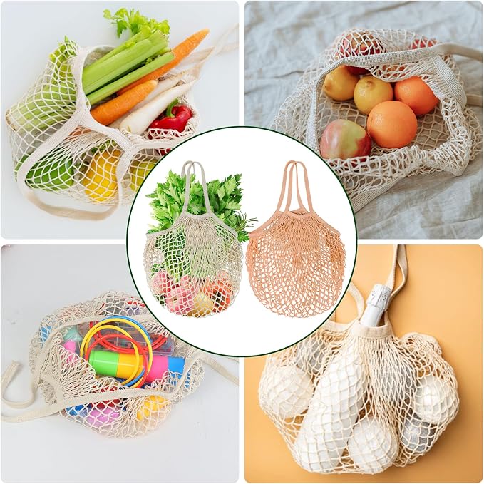 2-Pack Reusable Mesh Grocery Bags, 100% Cotton String, Long Handle Produce Bags, Fruit & Veggie Storage
