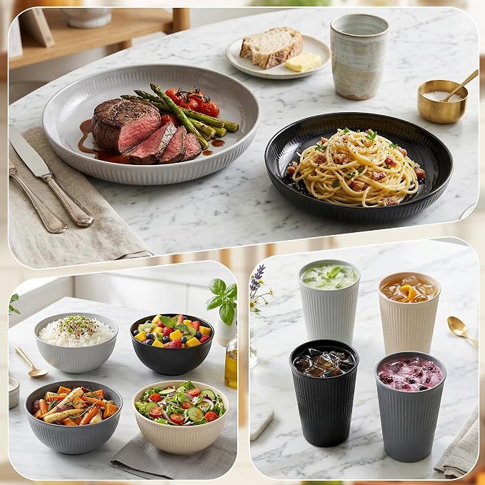16pcs Wheat Straw Dinnerware Set for 4 People Camping Plates and Bowls Set | Unbreakable Dish Set Reusable Picnic Set, Plates, Cups, Bowls, Microwave and Dishwasher Safe